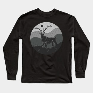 Monochromatic Black and White Elk Design Long Sleeve T-Shirt